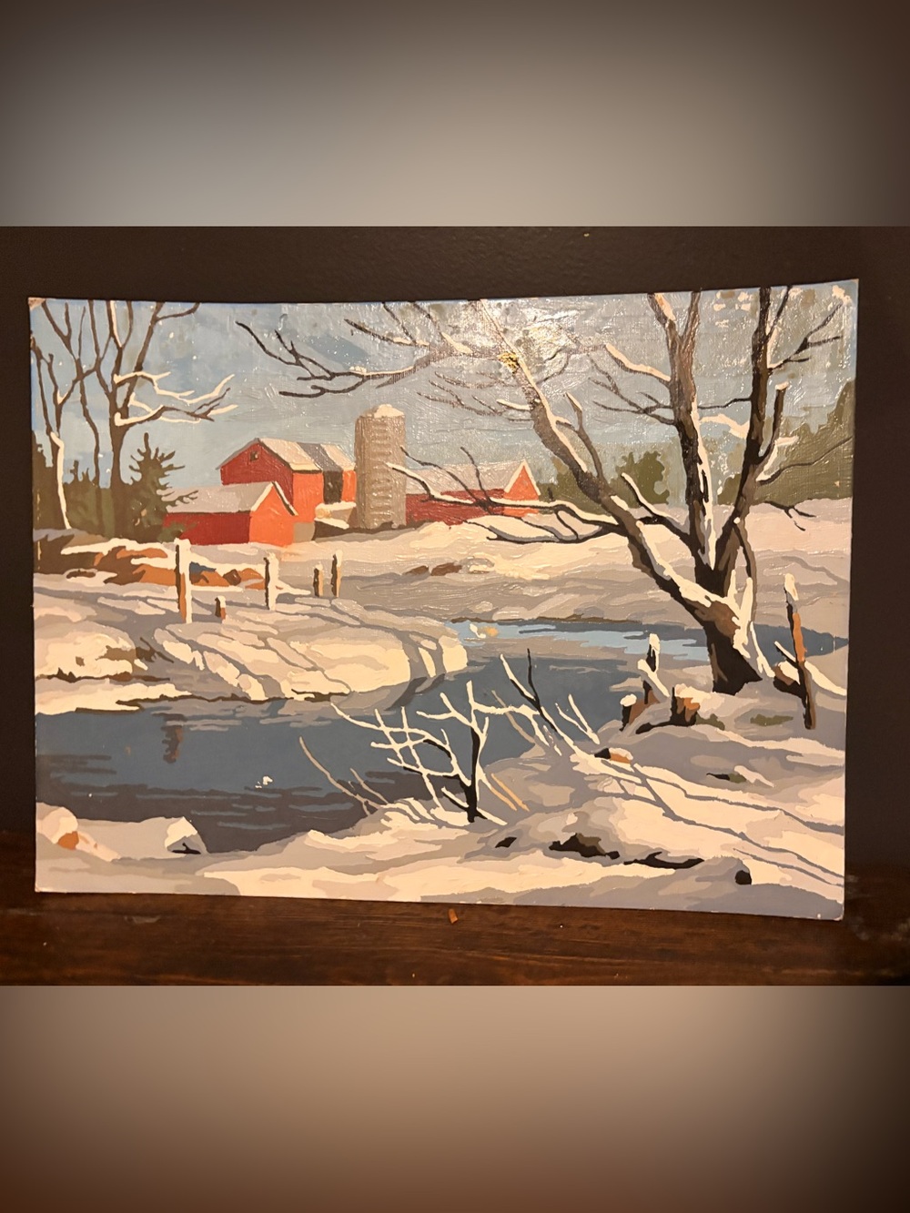Vintage Paint By Number Winter Farmhouse Canvas Art - Red Barn Scene